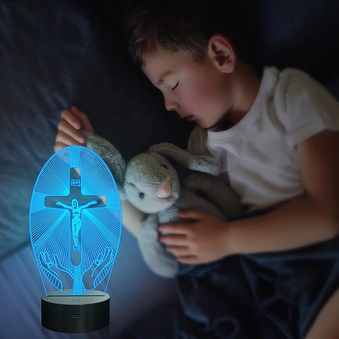 Jezus LED Natlampe 3D | Dæmpbar Korsbillede med 7 farver