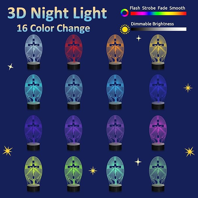 Jezus LED Natlampe 3D | Dæmpbar Korsbillede med 7 farver