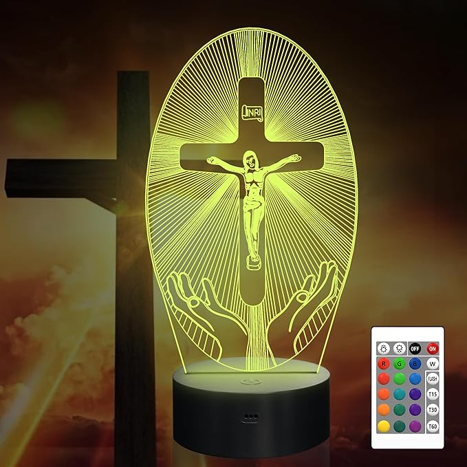 Jezus LED Natlampe 3D | Dæmpbar Korsbillede med 7 farver