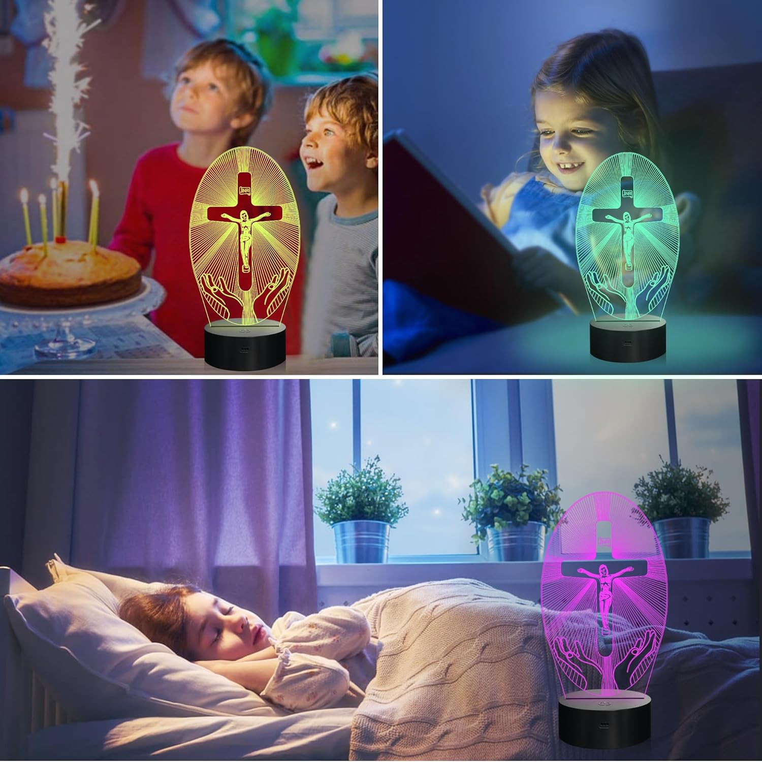 Jezus LED Natlampe 3D | Dæmpbar Korsbillede med 7 farver