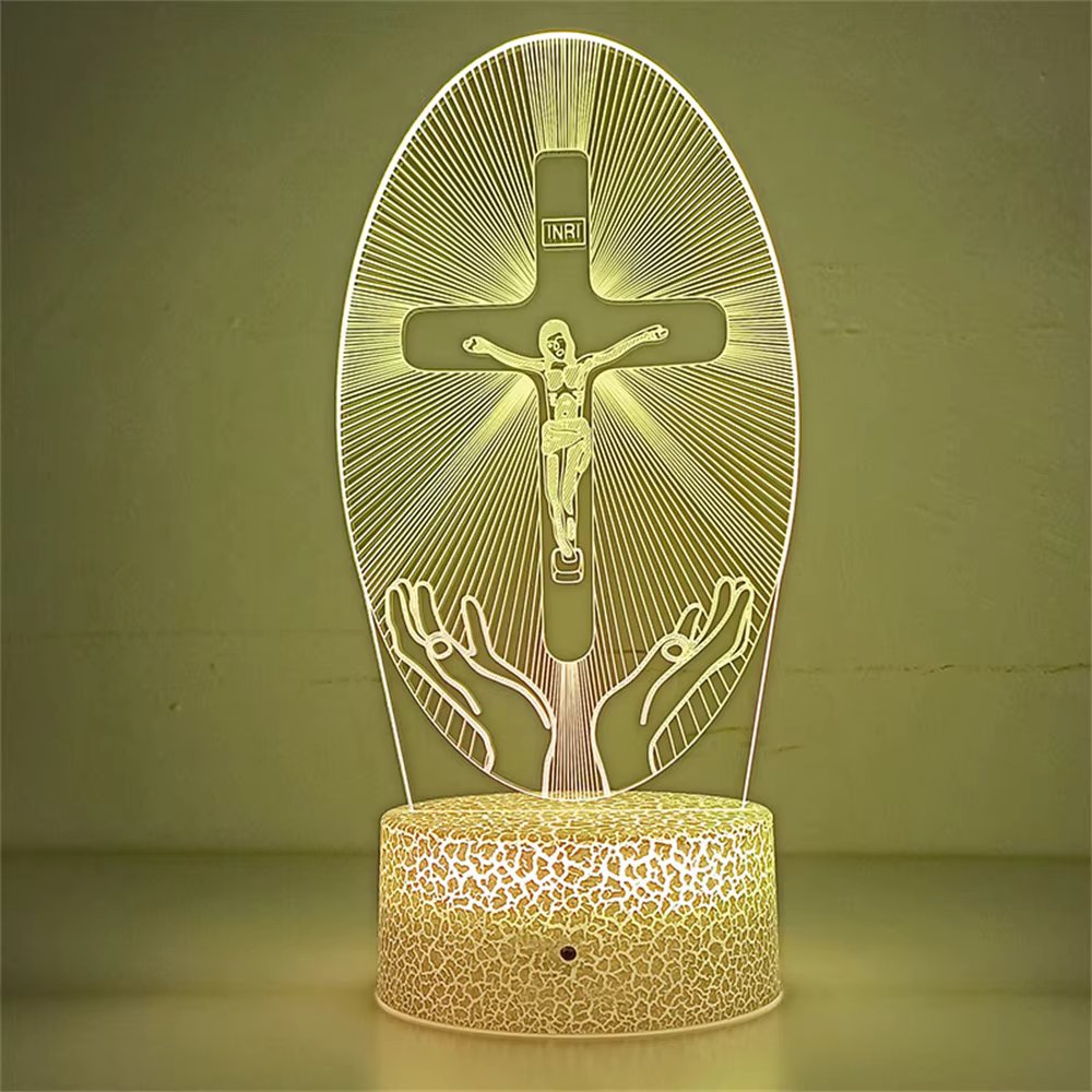 Jezus LED Natlampe 3D | Dæmpbar Korsbillede med 7 farver