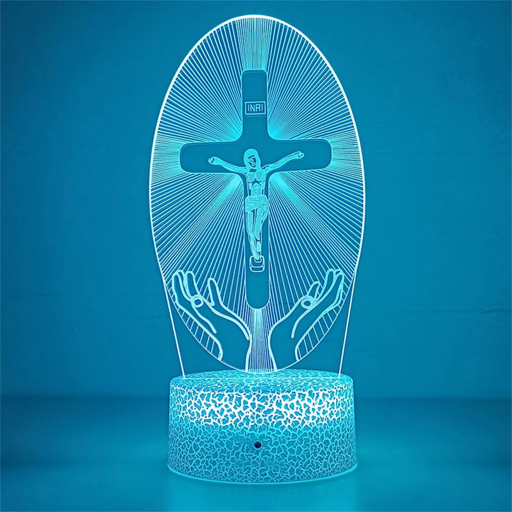 Jezus LED Natlampe 3D | Dæmpbar Korsbillede med 7 farver
