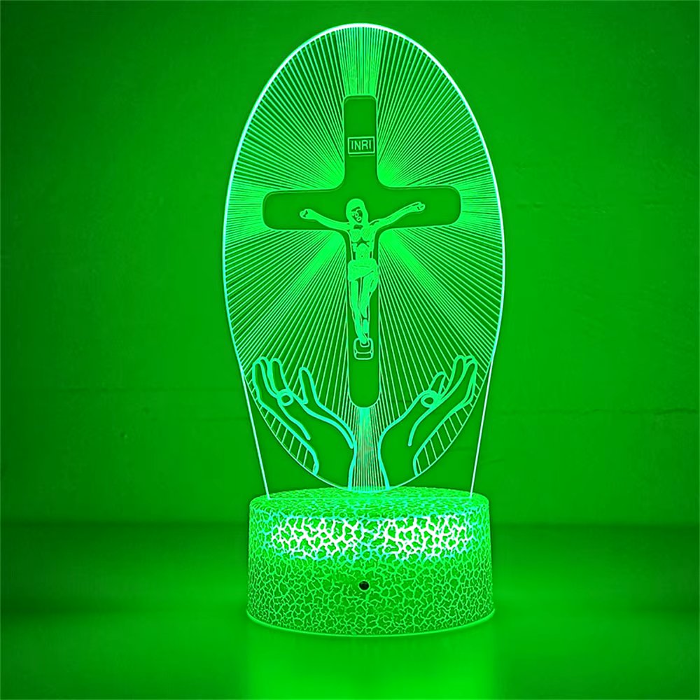 Jezus LED Natlampe 3D | Dæmpbar Korsbillede med 7 farver
