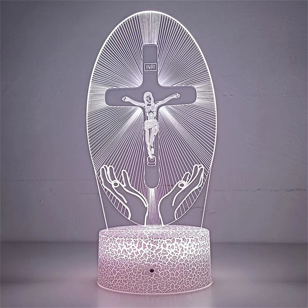 Jezus LED Natlampe 3D | Dæmpbar Korsbillede med 7 farver