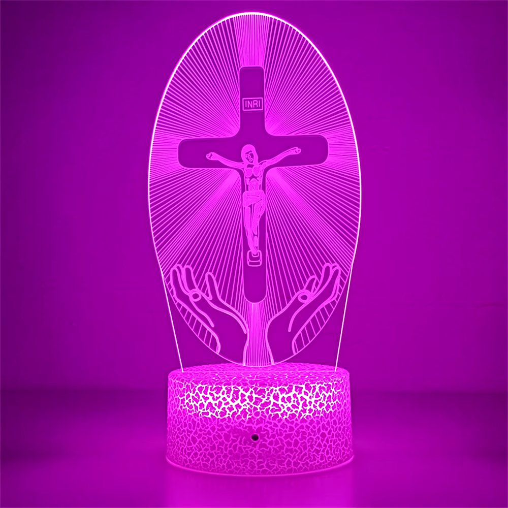 Jezus LED Natlampe 3D | Dæmpbar Korsbillede med 7 farver